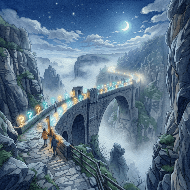 Stone bridge at night with glowing question marks along the path and people walking