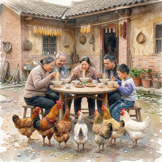 Five family members eating noodles at a round wooden table outdoors with chickens nearby.