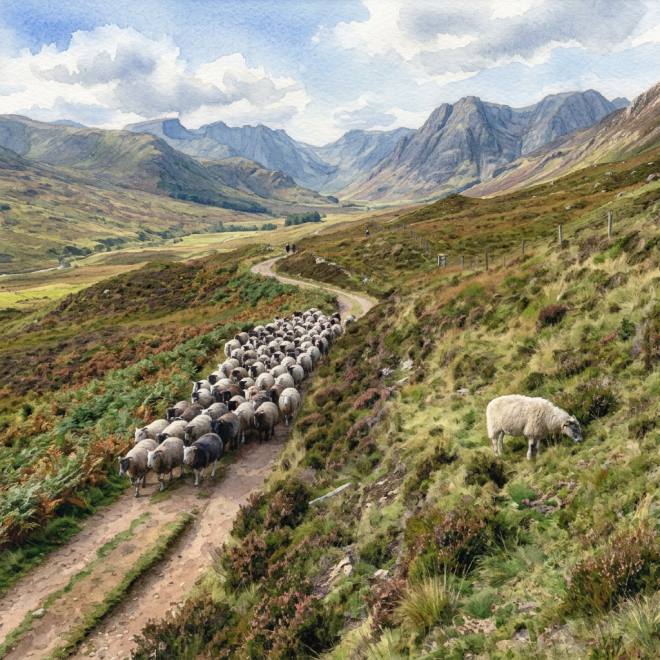 Flock of sheep walking on a rural path in mountainous highlands