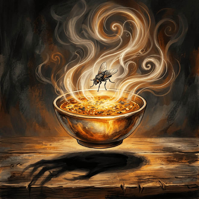 Fly hovering over luminous soup with ominous steam