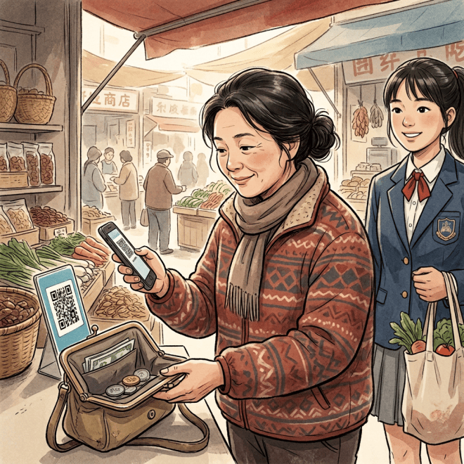 Shopper holding a phone with a QR code beside a market payment display