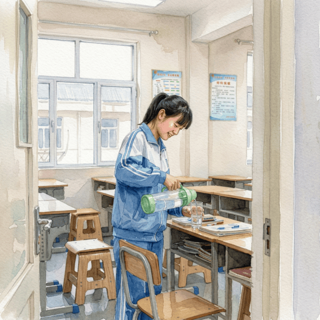 Student in a tracksuit pouring water into a glass in a classroom