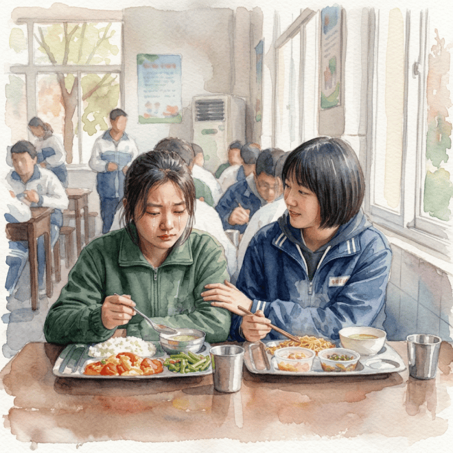 Two students eating lunch together in a busy school cafeteria