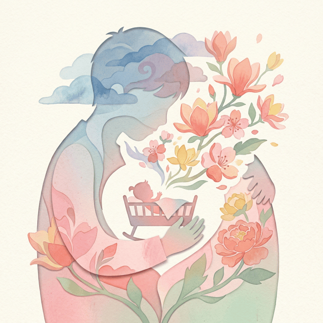 Watercolor silhouette of a mother holding a baby surrounded by flowers and clouds