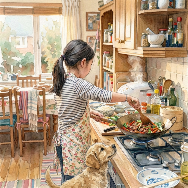 Person in floral apron stirring a vegetable and meat stir-fry in a wok