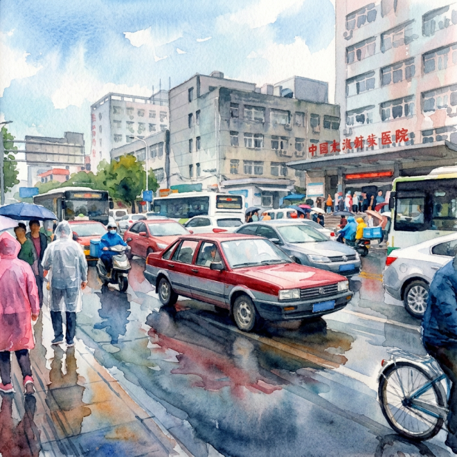 Busy rainy city street with cars, buses, pedestrians, and bicycles