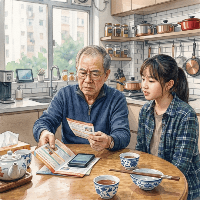 Older man gestures over printed information as younger woman supports him at kitchen table
