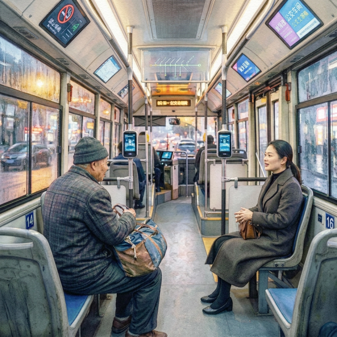 Passengers seated inside a city bus on a rainy evening