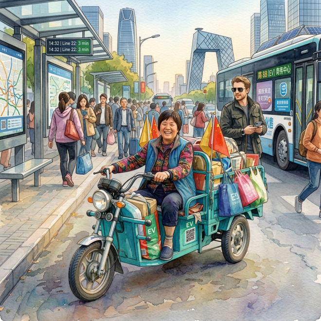 Smiling woman riding a loaded three-wheeled cart beside a city bus