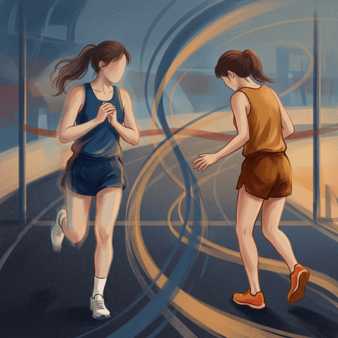 Two women running together on an indoor track