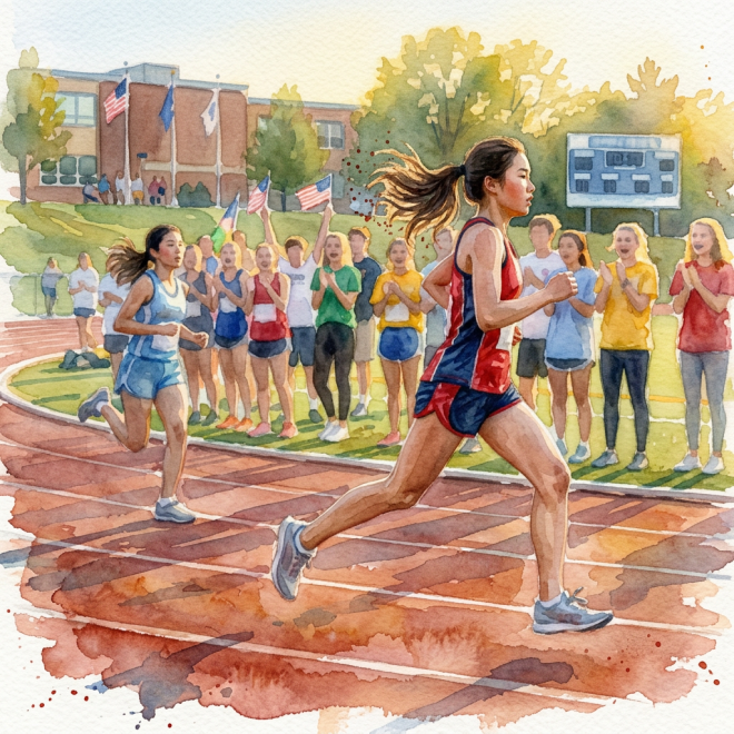 Two young runners competing on a track while spectators cheer