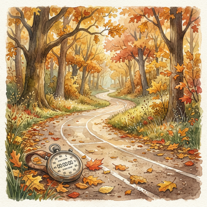 Watercolor autumn forest trail with a stopwatch and fallen leaves