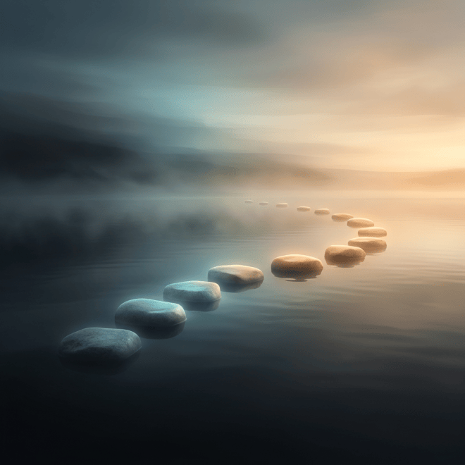 Smooth stones creating a path across calm water toward warm light