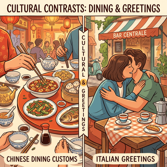 Infographic titled “Cultural Contrasts: Dining & Greetings,” comparing Chinese dining customs with Italian greetings at Bar Centrale.
