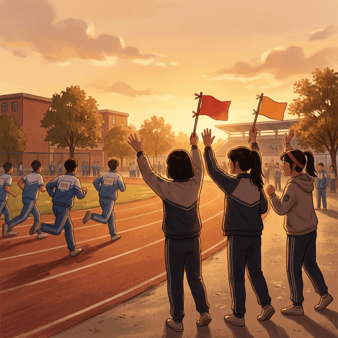Students cheering with red and orange flags as runners race on a school track