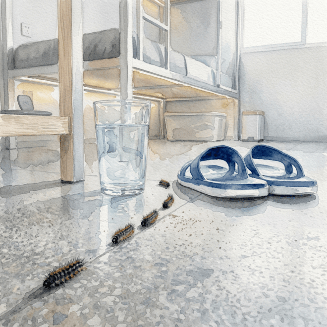 Glass of water, sandals, and caterpillars on a dormitory floor
