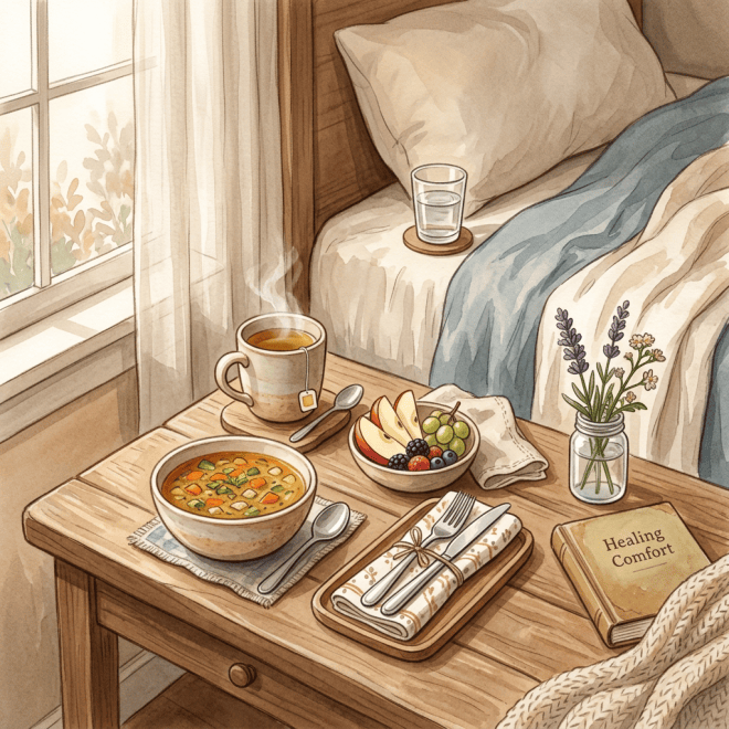 Bedside table with soup, fruit, tea, flowers, and a Healing Comfort book