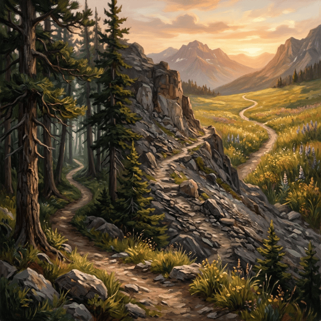 Winding mountain trail through pine forest, rocks, wildflowers, and distant peaks